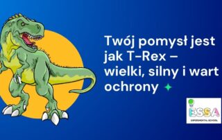 obrazek przedstawiający zielonego t-rexa na granatowym tle oraz hasło przypominające o znaczeniu praw autorskich