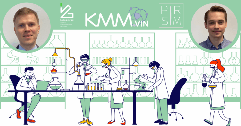 zdjecie dwoch elegancko ubranych mezczyzn nad rysunkowym obrazem laboratorium i badaczy - kmm vin