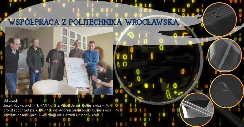 nagłówek "współpraca z politechniką wrocławską", zdjęcie grupy 6 mężczyzn, rzędy lecących liczb
