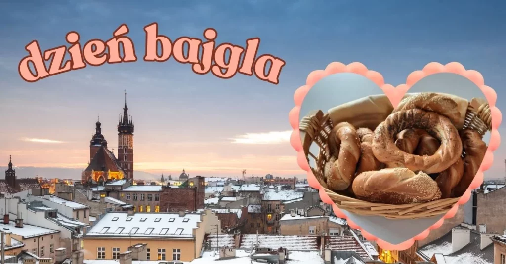 nagłówek "dzień bajgla", oraz obrazek bajgli w koszyku, w tle miasto