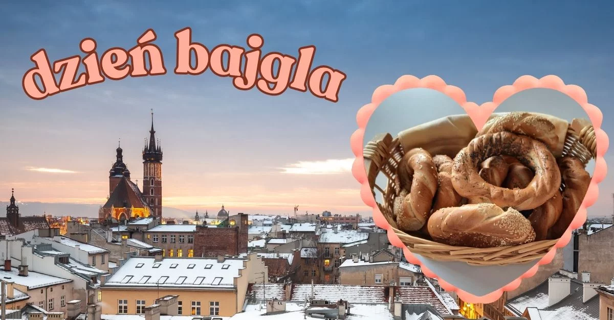 nagłówek "dzień bajgla", oraz obrazek bajgli w koszyku, w tle miasto
