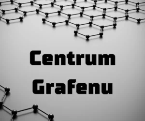 obrazek przedstawiający napis Centrum Grafenu na szarym tle oraz strukturę atomów grafenu