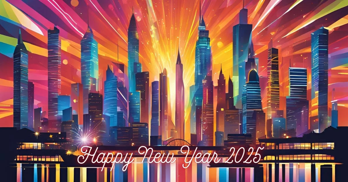 napis "happy new year 2025" oraz widok rysunkowej panoramy modernistycznego miasta