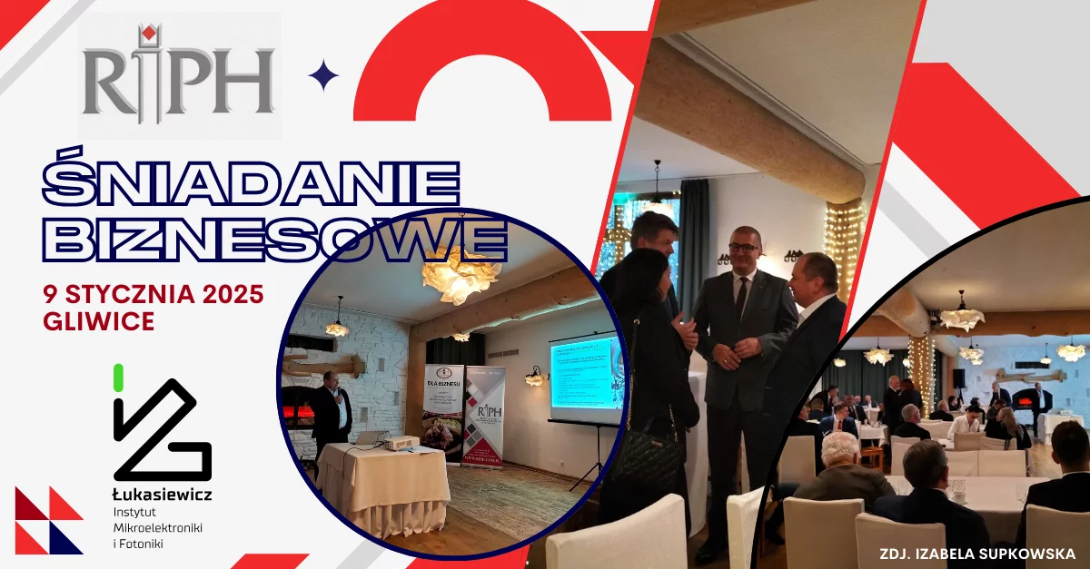 Logo RIPH, śniadanie biznesowe 9 stycznia 2025 Gliwice. Zdjęcia sali konferencyjnej, na której są elegancko ubrane osoby