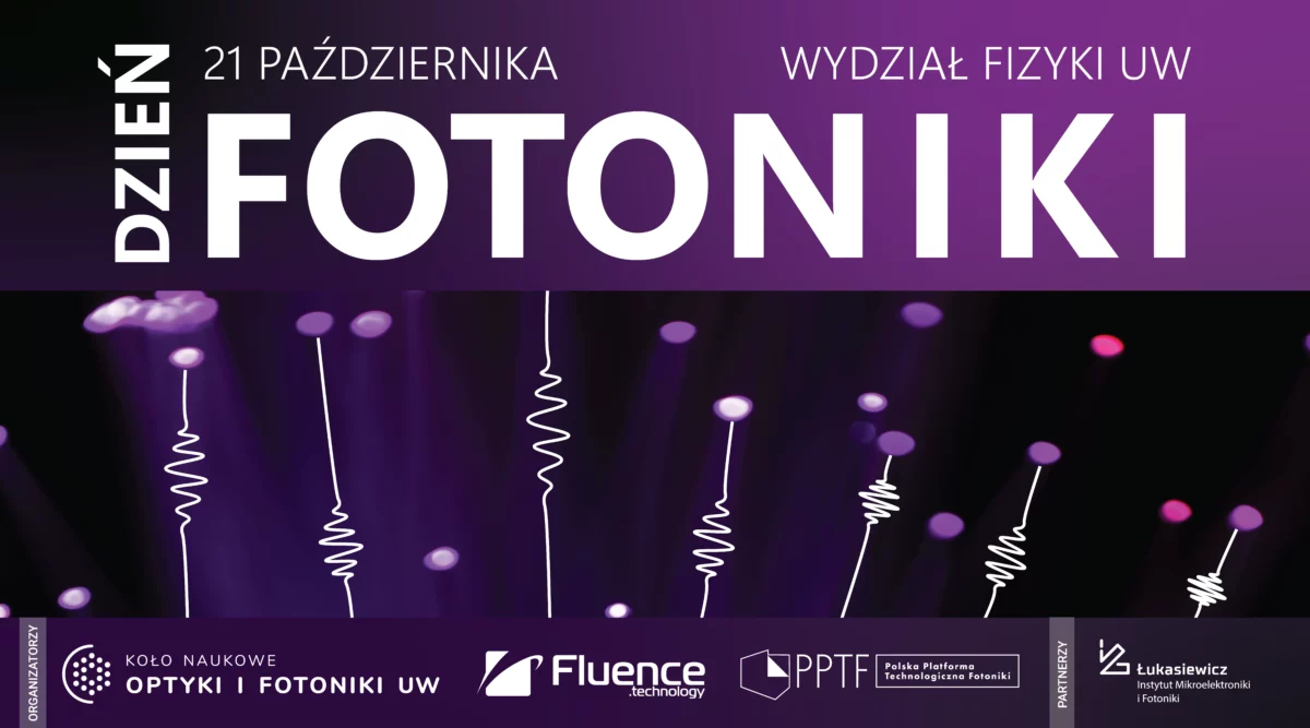 baner informacyjny: 21 października, dzień fotoniki, wydział fizyki uw, organizatorzy: koło naukowe optyki i fotoniki uw, fluence.technology, pptf. Partnerzy: Łukasiewicz Instytut Mikroelektroniki i Fotoniki