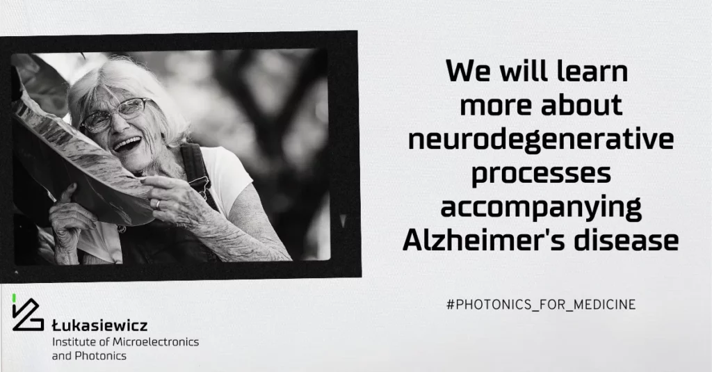 baner z czarno-białym zdjęciem starszej kobiety oraz napisem "We will learn more about neurodegenerative processses accompanying Alzheimers's disease"