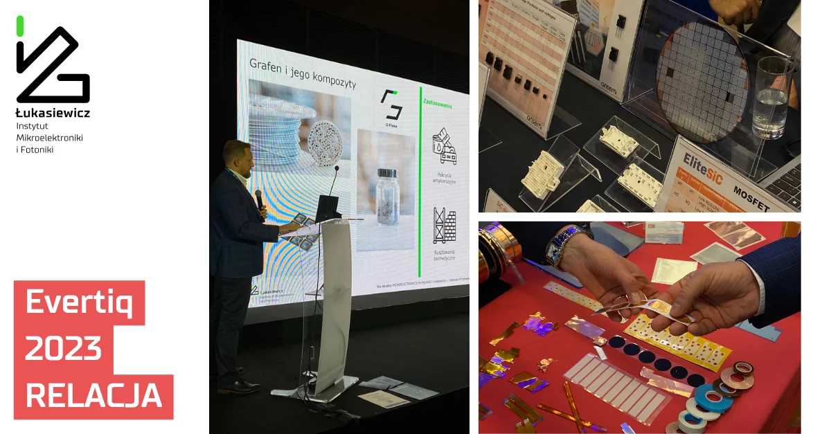 obraz przedstawiający sceny z konferencji, mówcę oraz elementy technologiczne