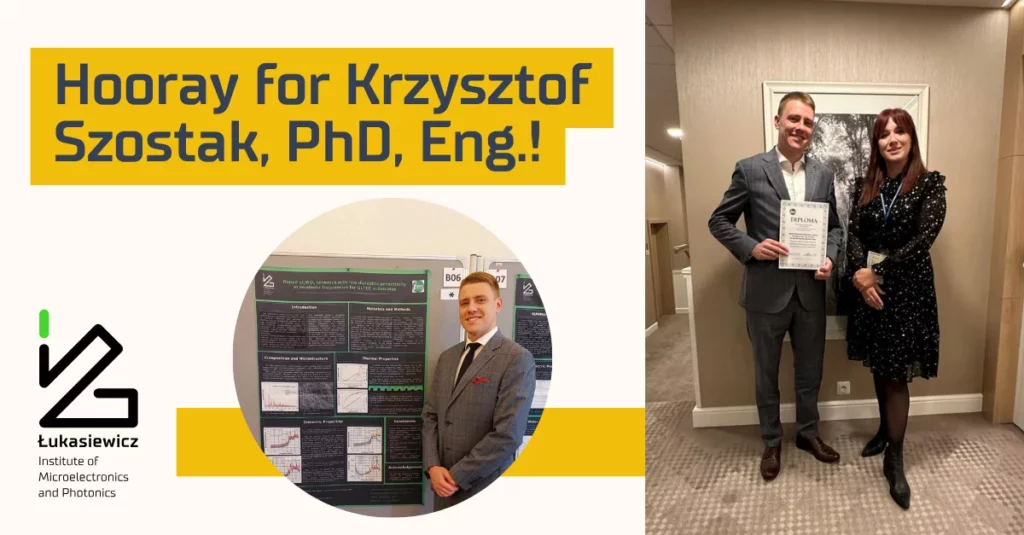 Krzysztof Szostak z dyplomem. Podpis "Hooray for Krzysztof Szostak, PhD, Eng.!"