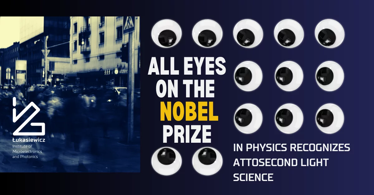 oczy patrzące na napis "all eyes on the nobel prize", obok napis "in physics recognizes attosecond light science"