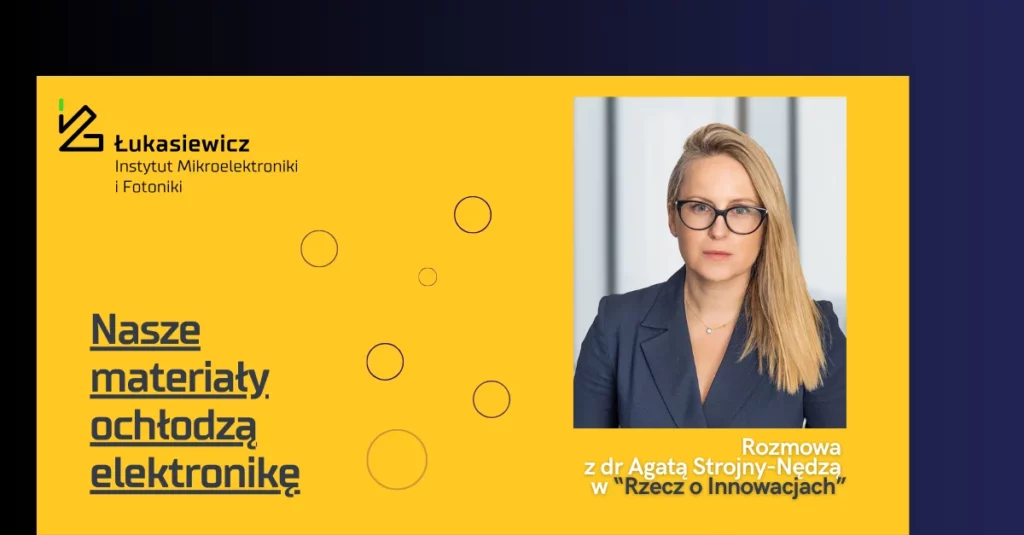 Zdjęcie kobiety podpisane "Rozmowa z dr. Agatą Strojny-Nędzą w "Rzecz o Innowacjach". Obok nagłówek "Nasze materiały ochłodzą elektronikę"