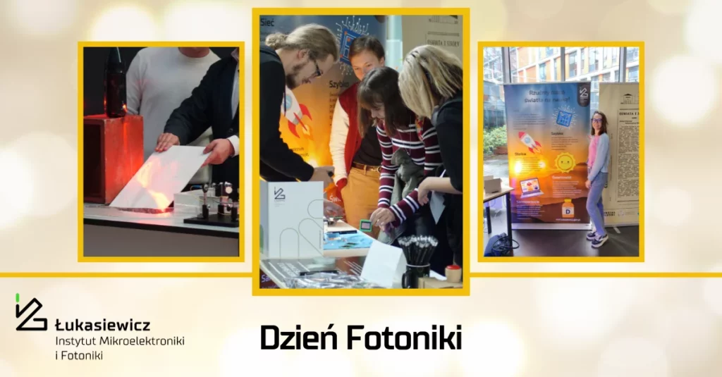 Baner wydarzenia "Dzień fotoniki" z trzema zdjęciami z eventu