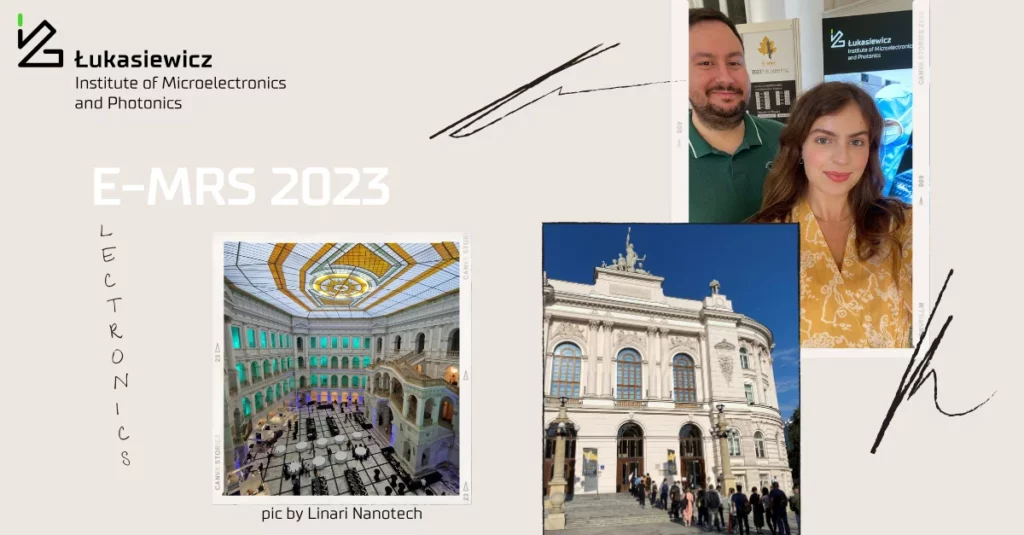 baner ze zdjęciami jasnego budynku, zdjęciem kobiety i mężczyzny oraz napisem głównym E-MRS 2023