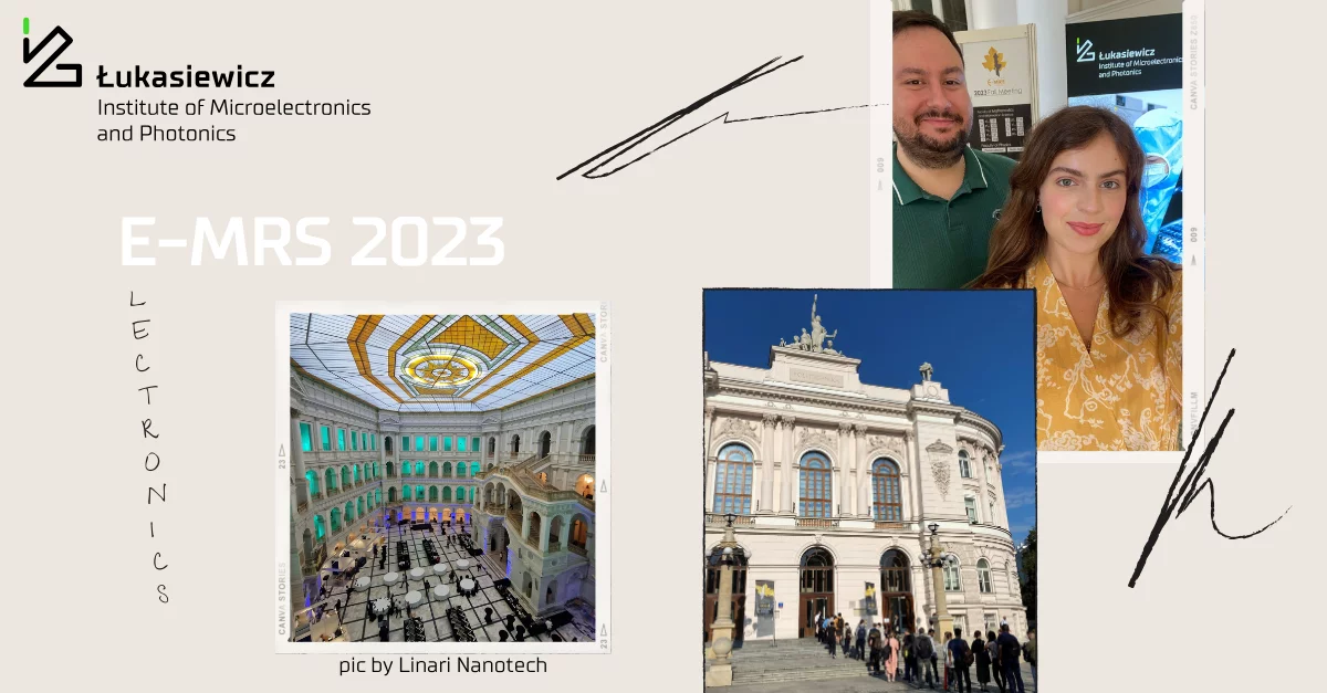 baner ze zdjęciami jasnego budynku, zdjęciem kobiety i mężczyzny oraz napisem głównym E-MRS 2023