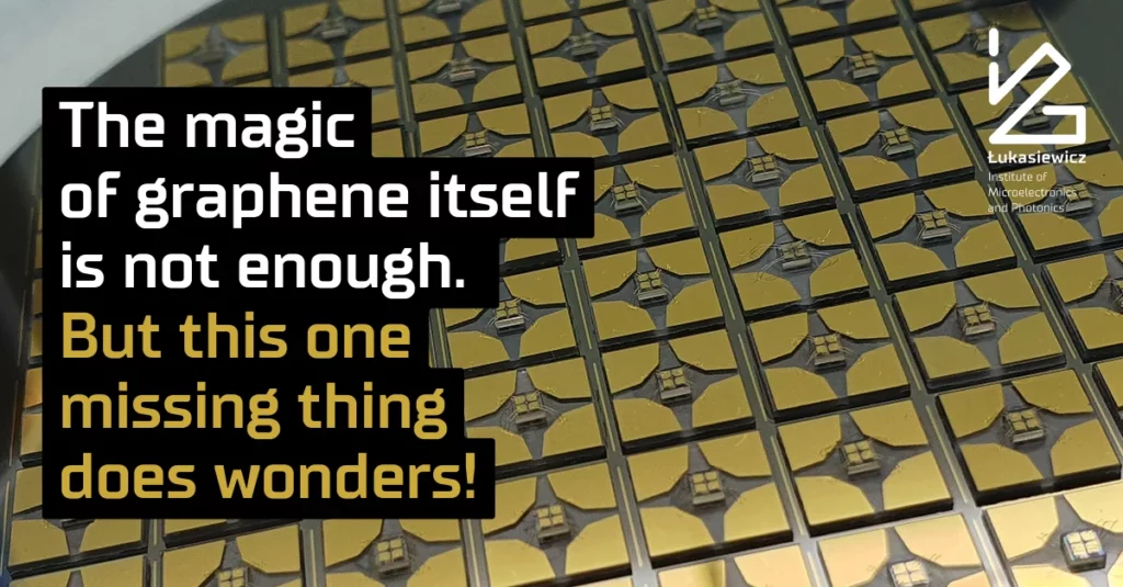żółte panele technologiczne oraz podpis "The magic of graphene itself is not enough. But this one missing thing does wonders!"