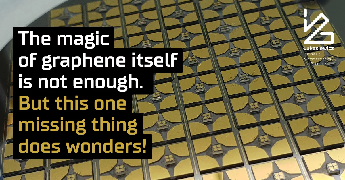 żółte panele technologiczne oraz podpis "The magic of graphene itself is not enough. But this one missing thing does wonders!"