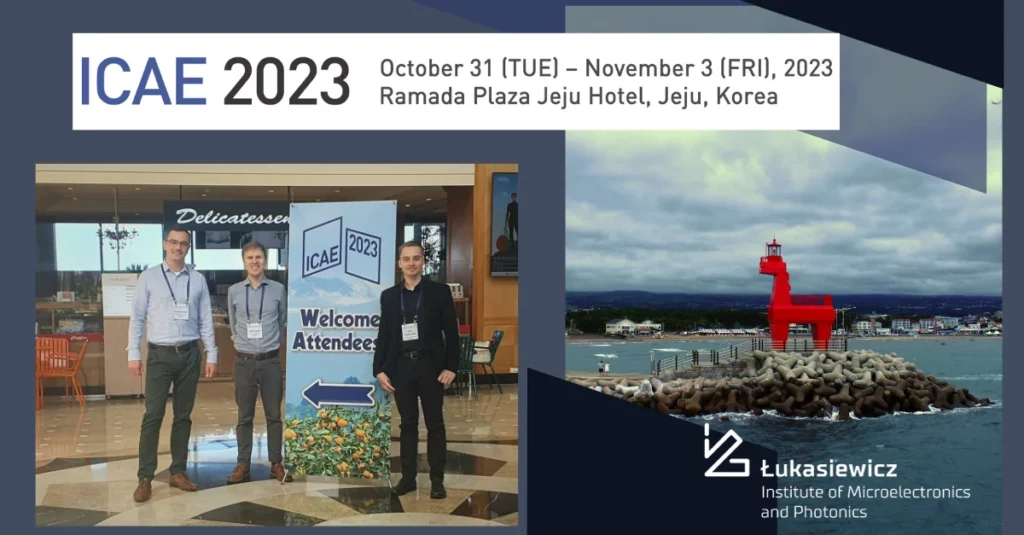 Nagłówek "ICAE 2023 October 31 (TUE) - November 3 (FRI), 2023 Ramada Plaza Jeju Hotel, Jeju, Korea". Poniżej dwa zdjęcia: 3 mężczyzna w koszulach oraz czerwonej latarni morskiej w kształcie dinozaura