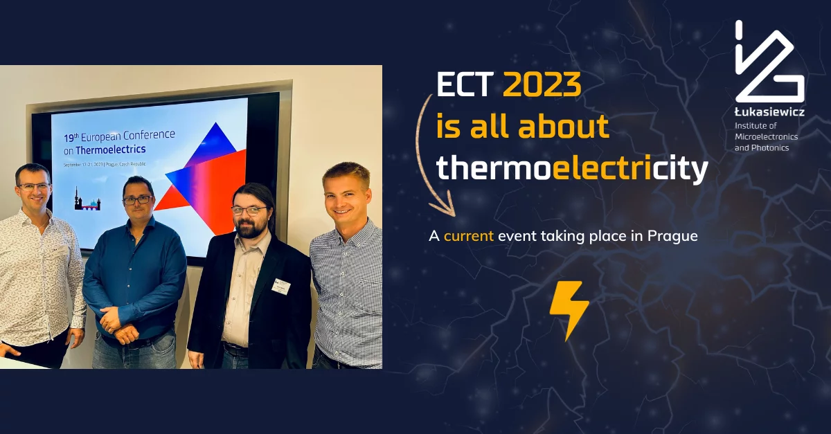 Baner przedstawiający grupę 4 elegancko ubranych mężczyzn oraz podpis "ect2023 is all about thermoelectricity - A current event taking place in Prague"