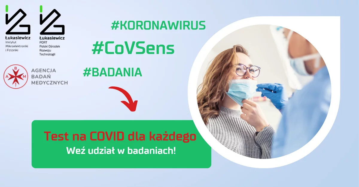 grafika przedstawiająca test na covid oraz napisy covsens, badania i koronawirus