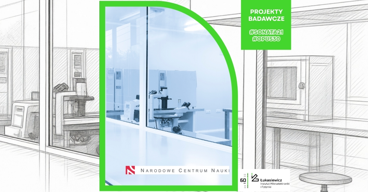 Laboratorium badawcze Łukasiewicz – IMiF z aparaturą naukową. Grafika promująca projekty finansowane przez Narodowe Centrum Nauki w konkursach SONATA 21 i OPUS 30.